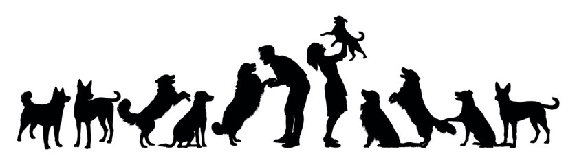 Couple playing with group of dogs side view isolated black silhouettes.