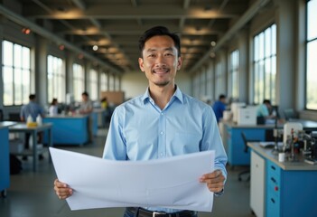 Fototapeta premium Smiling man in a blue shirt holds a blueprint in an office.