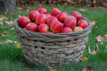 A rustic woven basket overflowing with ripe, red apples sits on vibrant green grass. Perfect for autumn harvest, healthy eating, or farm themes.