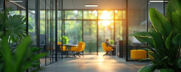 Sunlit modern coworking office with glass partitions, vibrant plants, and collaborative spaces, photorealistic, Coworking office space, Innovative workspace concept