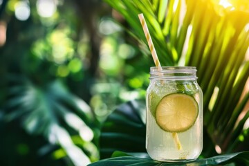 Refreshing drink in a mason jar with paper straws tropical garden setting nature photography bright sunlight focus on eco-friendly choices