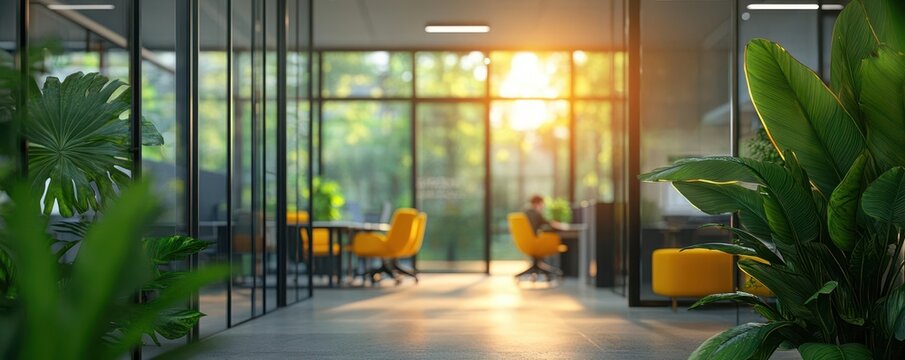 Sunlit modern coworking office with glass partitions, vibrant plants, and collaborative spaces, photorealistic, Coworking office space, Innovative workspace concept