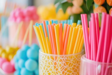A colorful array of paper straws in vibrant displays event space decorative setup cheerful atmosphere close-up view eco-friendly concept