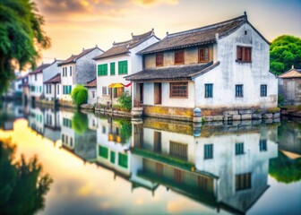 Obraz premium Weathered White Building by Canal in Suzhou - Tilt-Shift Photography, Tranquil Water Reflection, Chinese Architecture, Scenic Views, Urban Landscape, Traditional Structures, Serene Environment