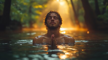 handsome young man in worship in a river at sunset front view the beauty and power of faith christian concept