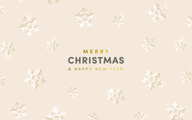 Fototapeta premium Merry Christmas and Happy New Year beige background. Vector 3d creamy glossy snowflakes greeting concept. Falling snow on pastel background. Trendy 3d Xmas illustration, wallpaper, banner, decor.