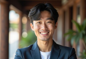 A young man with dark hair and a white shirt smiles in a suit.