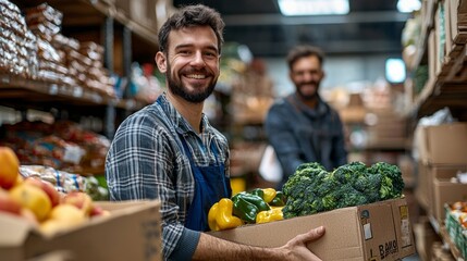 In a bustling food bank, a volunteer beams with joy while carrying a box of fresh vegetables. His dedication shines as he aids those in need, creating a warm atmosphere of kindness