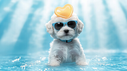 Cute Maltipoo puppy wearing sunglasses with heart shaped valentine accessory