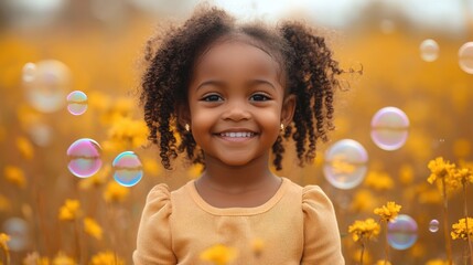 happy african american little girl with soap bubbles on meadow