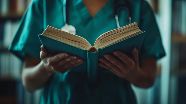 Medical Professional Reading a Textbook in a Library