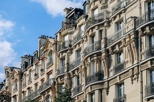 Paris, France - 15 July 2021: Facades of Parisian Haussmannian buildings in the 7th arrondissement