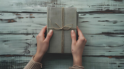 A pair of hands holding a neatly wrapped book with twine on a rustic wooden table, soft lighting, cozy and warm atmosphere, vintage style, detailed textures, serene and calm mood.