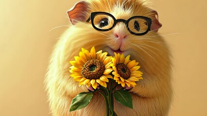 A cheerful guinea pig wearing glasses, clutching a small pic
