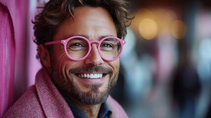he is dressed like a businessman looks very happy and smiles broadly he wears pink thick rimmed glasses white backgroun