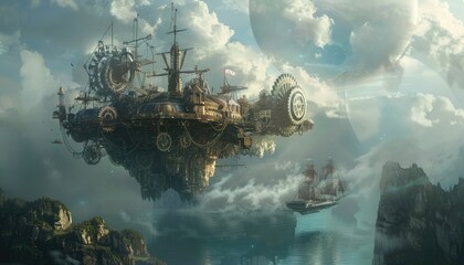 A steampunk airship city floats above a misty sea