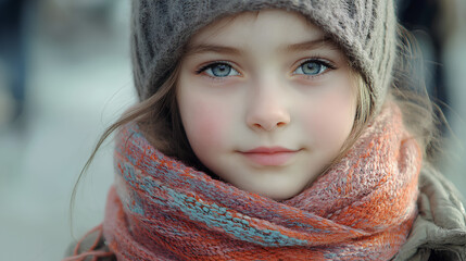 A little girl in a cozy, multicolored scarf and knitted hat, with a blurred face, in a wintry scene, highlighting warmth and comfort amid the cold weather.