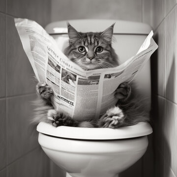 cat sitting on the toilet with a newspaper
