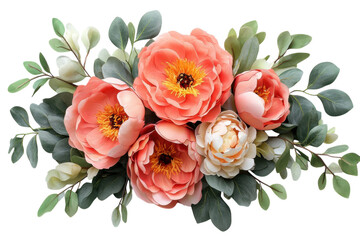 Vibrant floral arrangement with coral peonies and greenery suitable for home decor or events