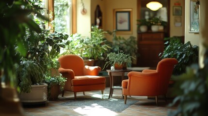 Sunlit Interior With Orange Chairs and Lush Greenery