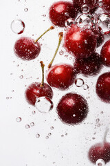 Vibrant Red Cherries Immersed in Bubbles: A Refreshing and Juicy Visual Delight Celebrating Nature's Sweet and Healthy Summer Harvest