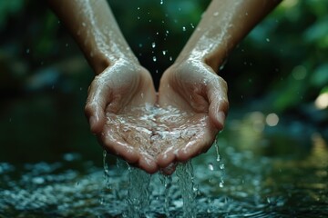 Fototapeta premium A person is carefully holding water in their hands right now