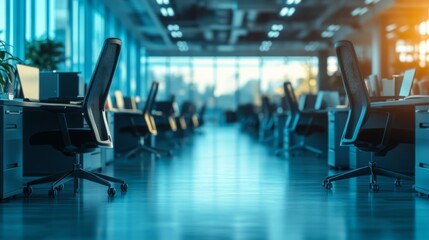 Empty Modern Office Workspace With Rows Of Desks And Chairs