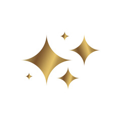 Golden four-pointed stars of various shapes. Realistic design element. Shining and glowing star.