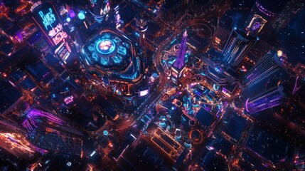 A vibrant aerial view of a futuristic cityscape illuminated by neon lights.