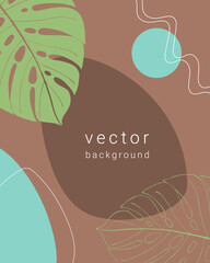 Botany background with abstract mocha mousse and blue green shapes and monstera, template for flyer poster brochure and empty space for inscription.