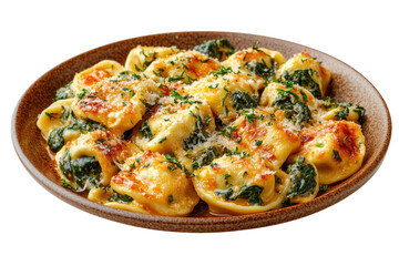 Delicious tortellini pasta with spinach and cheese served in a rustic bowl