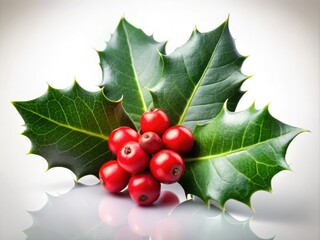 Minimalist winter scene: vibrant holly berries and leaves, festive backdrop.
