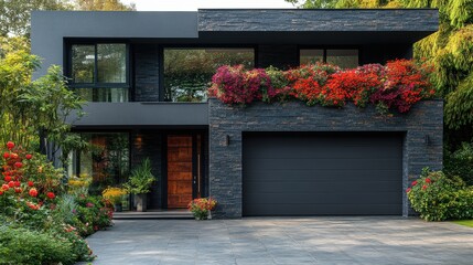 house garage door in a contemporary private garden with flowers garage door roller with handl