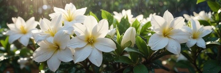 Obraz premium Rain-soaked gardenia flowers glistening in the sunlight, peaceful, raindrops