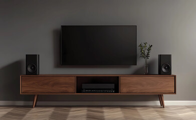 Modern minimalist style, a walnut wood entertainment console with black speakers and a TV hanging on the wall above it