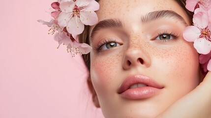 Fototapeta premium Young woman with freckles posing gracefully among pink cherry blossom flowers at a beauty photoshoot in a studio