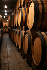 Oak barrels for wine or cognac storage, neatly stacked in a cool cellar of a distillery. Traditional production of craft beer or brandy. Winery and winemaking process. Wine aging in barrels. Ideal bac