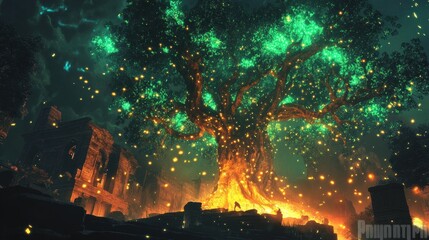 Obraz premium A mystical tree glows amidst ruins, surrounded by floating lights and an enchanting atmosphere.