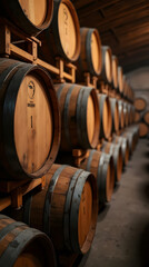Oak barrels for wine or cognac storage, neatly stacked in a cool cellar of a distillery. Traditional production of craft beer or brandy. Winery and winemaking process. Wine aging in barrels. Ideal bac