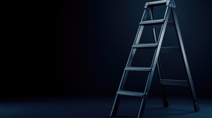 A black ladder stands firmly against a dark background, showcasing its sleek design in a high-detail, studio environment
