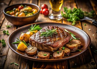 Savor succulent steak, roasted potatoes, and fragrant herbs.  Gourmet perfection captured in delicious food photography.