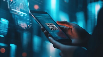 Person Holding Smartphone with QR Code in Digital Environment