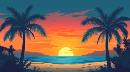 Fototapeta premium Evening on the beach with palm trees. An evening on the beach with palm trees. Colorful picture for rest. Blue palm trees at sunset. Orange sunset in the blue sky. Palmeny island. Summer sunset agains