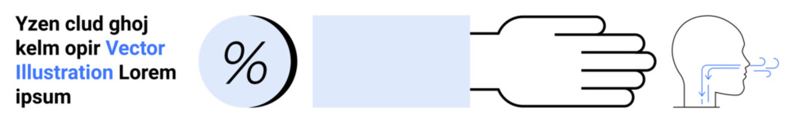 Text block, percentage symbol, rectangle, hand, and head with speech bubble. Ideal for business reports, educational materials, healthcare brochures, marketing presentations, website designs, app