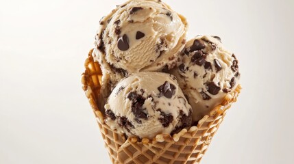 Creamy chocolate chip ice cream scoops in a crispy waffle cone, showcasing a delightful blend of rich flavors and textures for dessert lovers to enjoy