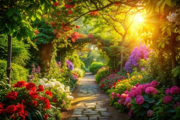 Serene garden path: lush greenery, vibrant blooms, tranquil nature captured.