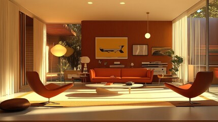 Mid-century modern living room with orange sofa, artwork, and natural light.