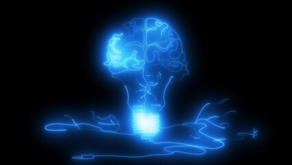 Glowing neon line with bulb icon.