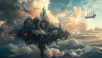 A Clockwork City Floats Among The Clouds Above A Sailing Ship