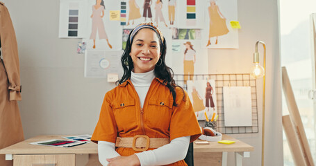 Creative, portrait and smile with fashion designer woman in textile workshop for small business....